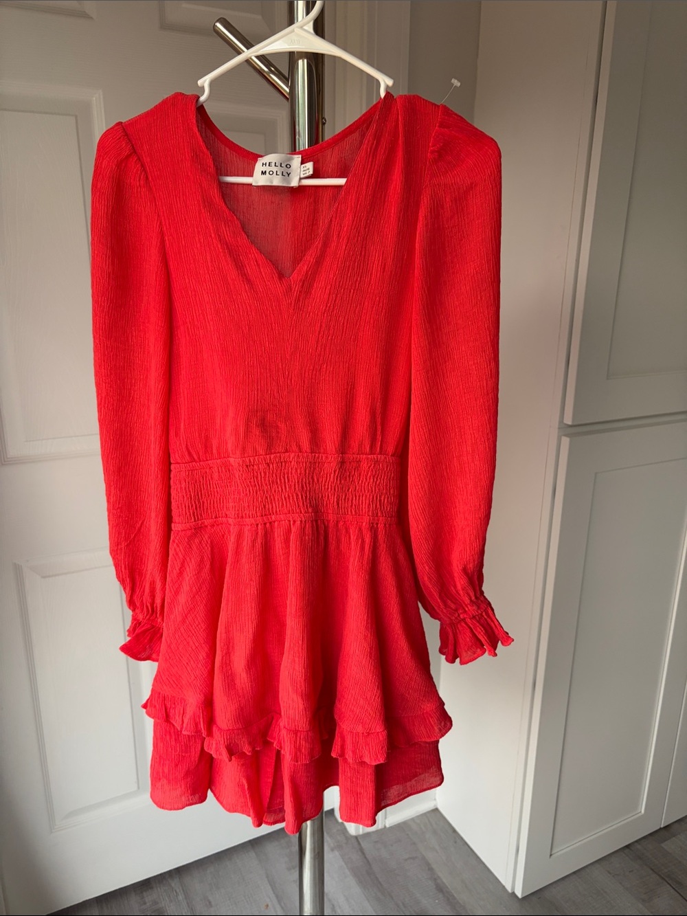 Hello Molly Coral Red V-Neck Ruffle Hem Dress, Size 2.